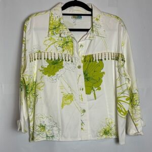 SeaSuns Womens XL White Lime Green Floral Beaded Fringe Button Up Shirt USA Made